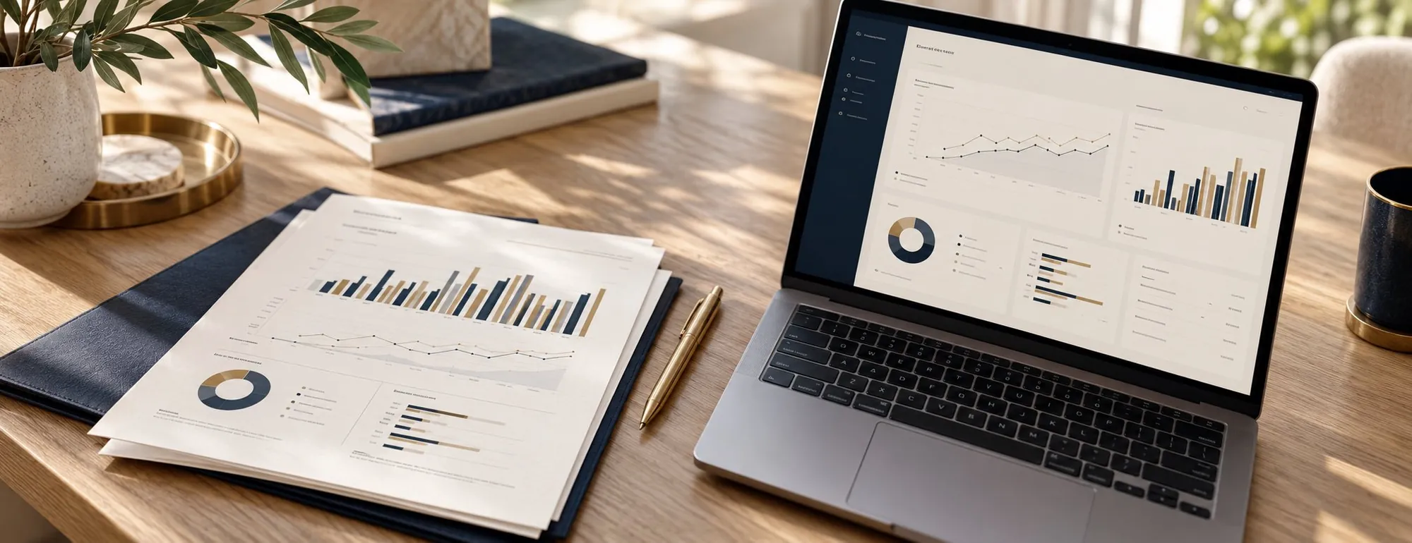 Printed monthly report and laptop dashboard on a desk